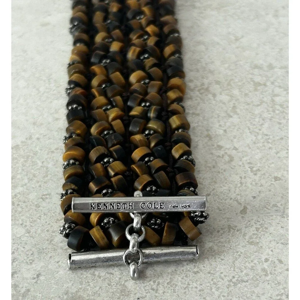 Kenneth Cole Wide Multistrand Brown Beaded Bracelet Signed with T Clasp